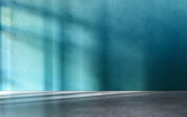 Blue textured wall with grey concrete floor as place for displaying your product, light coming...
