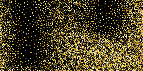 Golden point confetti on a black background.  Illustration of a drop of shiny particles. Decorative element. Element of design. Vector illustration, EPS 10.