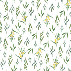 Watercolor seamless pattern with green leaves and mimosa. Herbal background.
