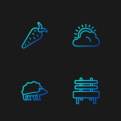Set line Bench, Hedgehog, Carrot and Sun and cloud weather. Gradient color icons. Vector