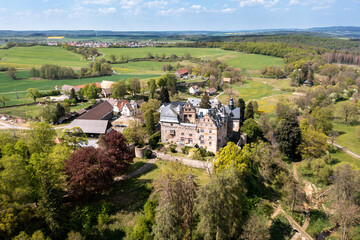 Fototapeta na wymiar Aerial view, Medieval castle Eisenbach, Lauterbach, Vogelsberg, Hesse, Germany,