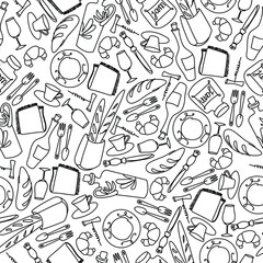 Simple classic pattern with flatware, baguettes, loaves, wine and glasses. Abstract seamless texture with table objects. Nice kitchen or restaurant theme background.