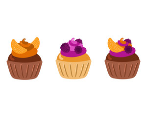 Cupcakes with tangerine and blackberries and cream frosting isolated on white. Purple and orange cakes for the holidays. Vector illustration.