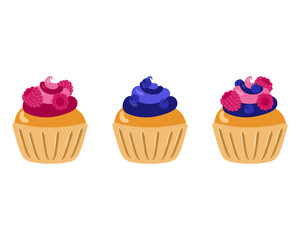 Cupcakes with raspberries and blueberries and cream frosting isolated on white. Pink and blue cakes for the holidays. Vector illustration.