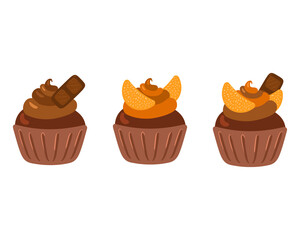 Cupcakes with tangerine and chocolate and cream frosting isolated on white. Brown and orange cakes for the holidays. Vector illustration.