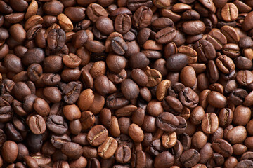 Coffee beans and grinder on table with rustic background