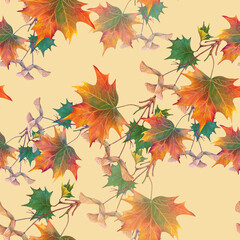 Autumn leaves maple on beige background. Seamless pattern.