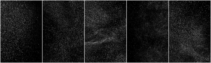 Set of distressed white grainy texture. Dust overlay textured. Grain noise particles. Snow effects pack. Rusted black background. Vector illustration, EPS 10. 