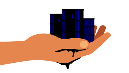 Concept of the oil market. Giant human hand holds barrels of oil. Oil industry. Modern vector on white background.