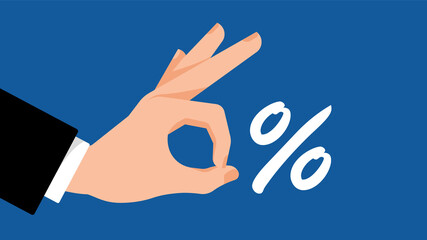 Zero percent concept. Gesture by hand with percent sign. Great offer, interest-free loan, ok gesture. Human white skin hand. Modern vector illustration.
