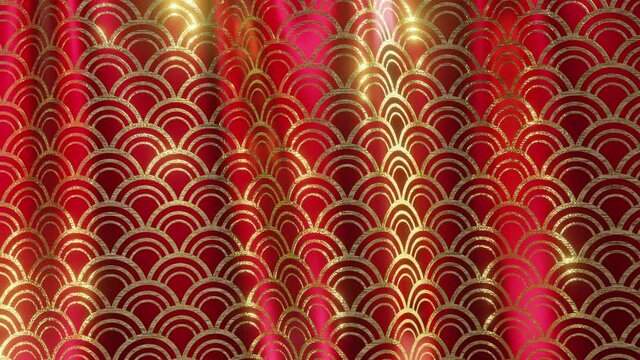 Gently waving silky Chinese style fabric, gold wave pattern on red background. Realistic 3D curtain render, seamless looping animation.