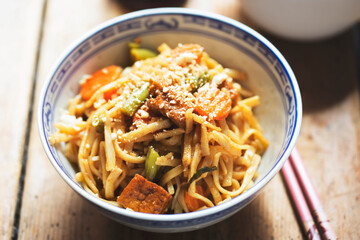 Pad thai tofu, pasta with tofu and vegetables, nuts