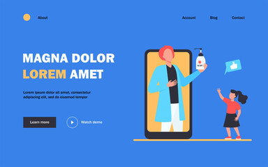 Online doctor recommending sunscreen for kids. Phone screen, girl taking bottle of sunblock flat vector illustration. Children in summer vacation concept for banner, website design or landing web page
