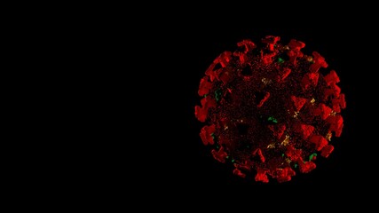 Coronavirus or covid-19 in microscopic view of floating influenza virus cells as dangerous flu strain cases as a pandemic medical health risk concept in black background. 3D rendering.