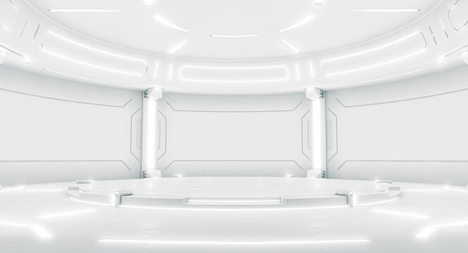 Futuristic interior with empty stage. Modern Future background. Technology Sci-fi hi tech concept. 3d rendering