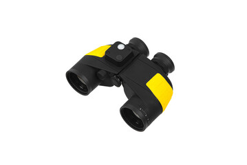 Modern black and yellow waterproof and unsinkable marine binoculars.. Surveillance device. Device for viewing at a distance. Isolate on a white back