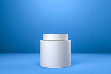 Round product display podium. Minimal white geometric shape stage scene on blue background. 3d rendering.