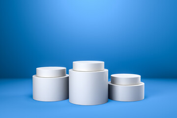 Round product display podium. Minimal white geometric shape stage scene on blue background. 3d rendering.