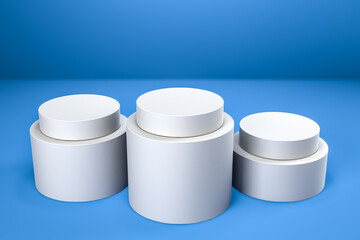 Round product display podium. Minimal white geometric shape stage scene on blue background. 3d rendering.