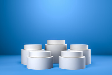 Round product display podium. Minimal white geometric shape stage scene on blue background. 3d rendering.