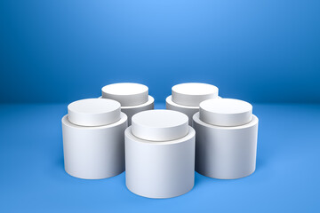 Round product display podium. Minimal white geometric shape stage scene on blue background. 3d rendering.