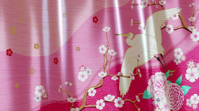 Gently waving silky Japanese style fabric, cherry blossom and flying birds pattern on pink background. Realistic 3D render, seamless looping animation.
