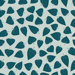 Seamless pattern with dark green blue serrulate cordate leaves on a pastel green background. Vector, eps 10.
