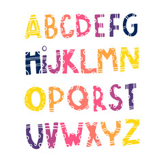 Cute alphabet for decorating children's clothing. Bright alphabet for the design of postcards, diaries, albums. English language. Doodle style. Hand drawn. Letters in bright colors.
