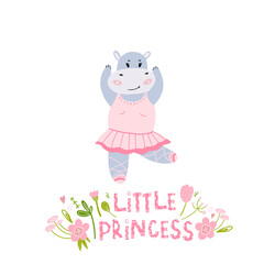Obraz na płótnie Canvas Little Princess hippo in a pink dress. Holiday decoration for girls. Cute print on clothes for girls with animals. Hippopotamus - ballet dancer. A dancing animal in a dress.
