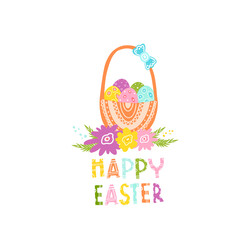 A basket of eggs for a happy Easter. Vector isolated illustration with an Easter card. Basket with eggs for printing on clothes, fabrics, dishes, towels. Doodle style. Design for a holiday.