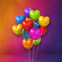 Colorful heart shape balloons bunch on a rainbow wall background