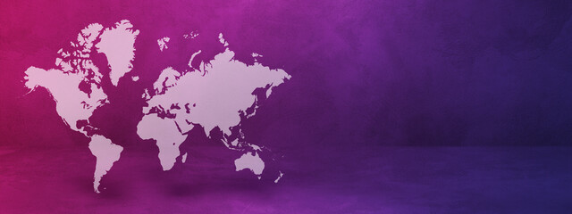 World map on purple wall background. 3D illustration. Horizontal banner