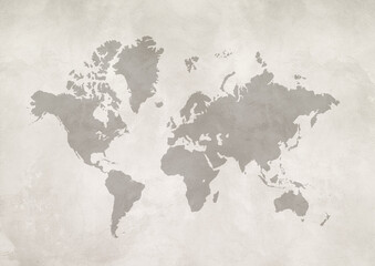 World map on white concrete wall background