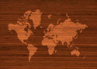 World map on brown wooden wall background
