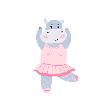Little Princess hippo in a pink dress.  Holiday decoration for girls. Cute print on clothes for girls with animals. Hippopotamus - ballet dancer. A dancing animal in a dress.