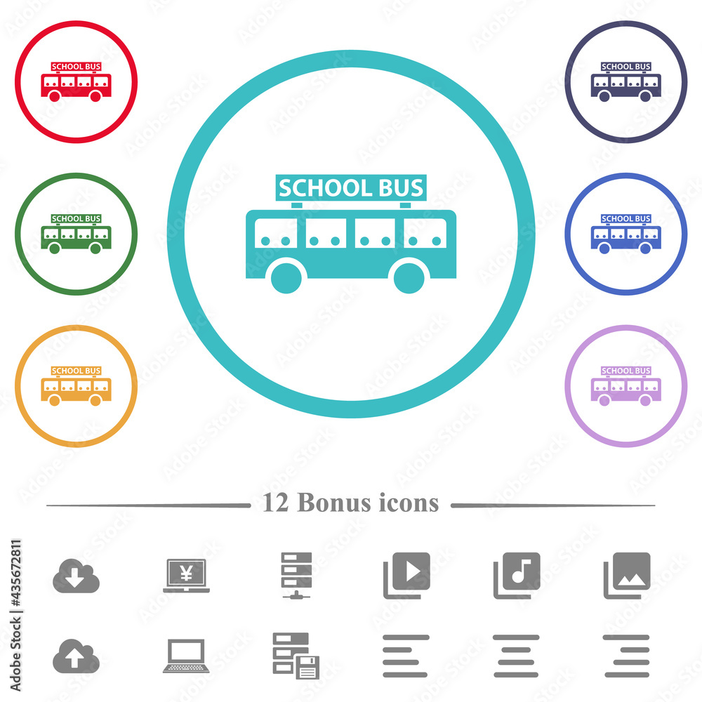 Aufkleber school bus with passengers side view flat color icons in circle shape outlines