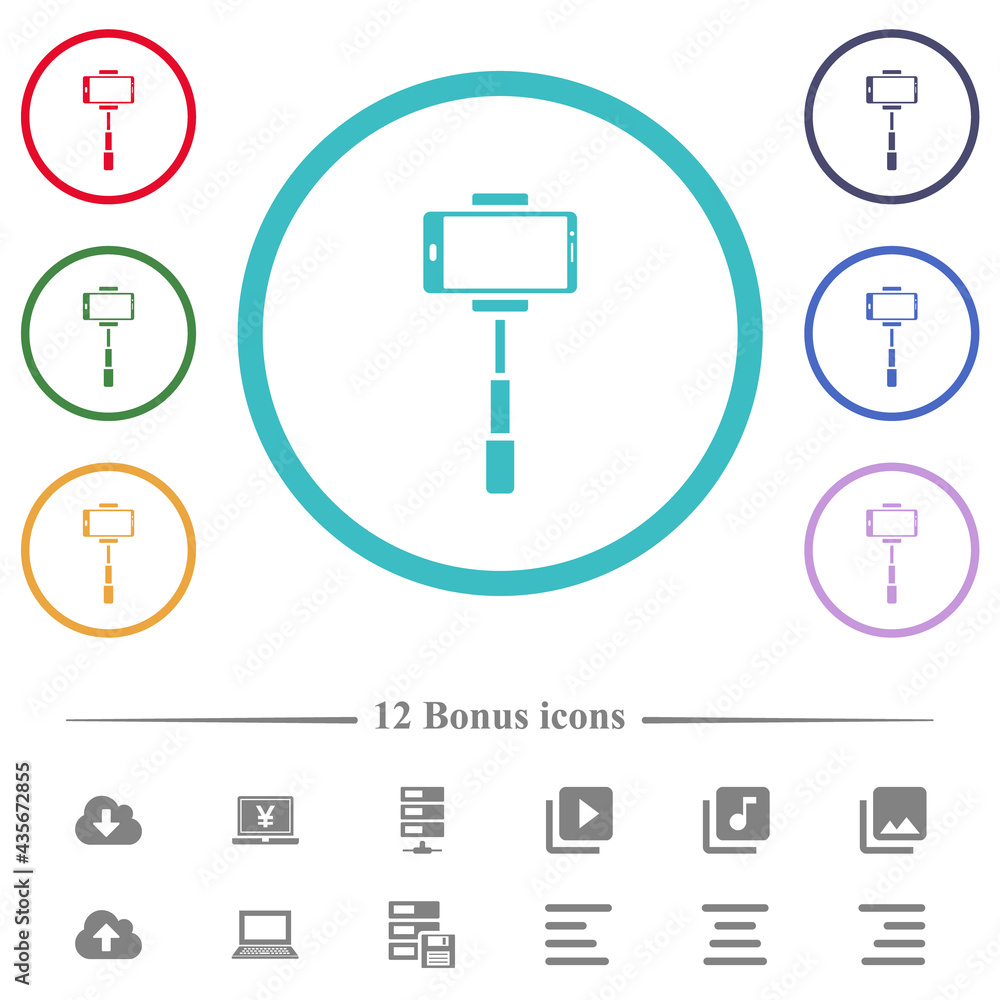 Poster smartphone on selfie stick front view flat color icons in circle shape outlines