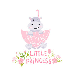 Obraz na płótnie Canvas Little Princess hippo. A hippo with a crown. Holiday decoration for girls with flowers and leaves, hearts. Cute print on clothes for girls with animals. Children's birthday print. Cute hippopotamus.