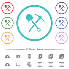 shovel and pickaxe flat color icons in circle shape outlines