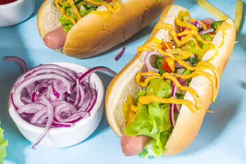 Barbecue grilled fastfood, Various traditional american hot dogs set with sausage, yellow mustard,...