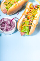 Barbecue grilled fastfood, Various traditional american hot dogs set with sausage, yellow mustard, ketchup and fresh vegetables salad, top view on bright blue background with french fries