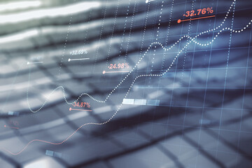 Multi exposure of abstract statistics data hologram interface on shiny metal background, computing and analytics concept