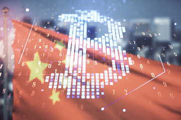 Virtual Bitcoin hologram on flag of China and blurry cityscape background. Multiexposure