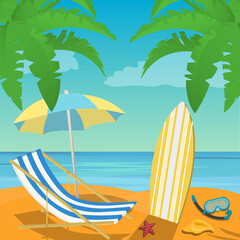 Beach landscape with beach umbrella, deck chair. Flat design style. Vector