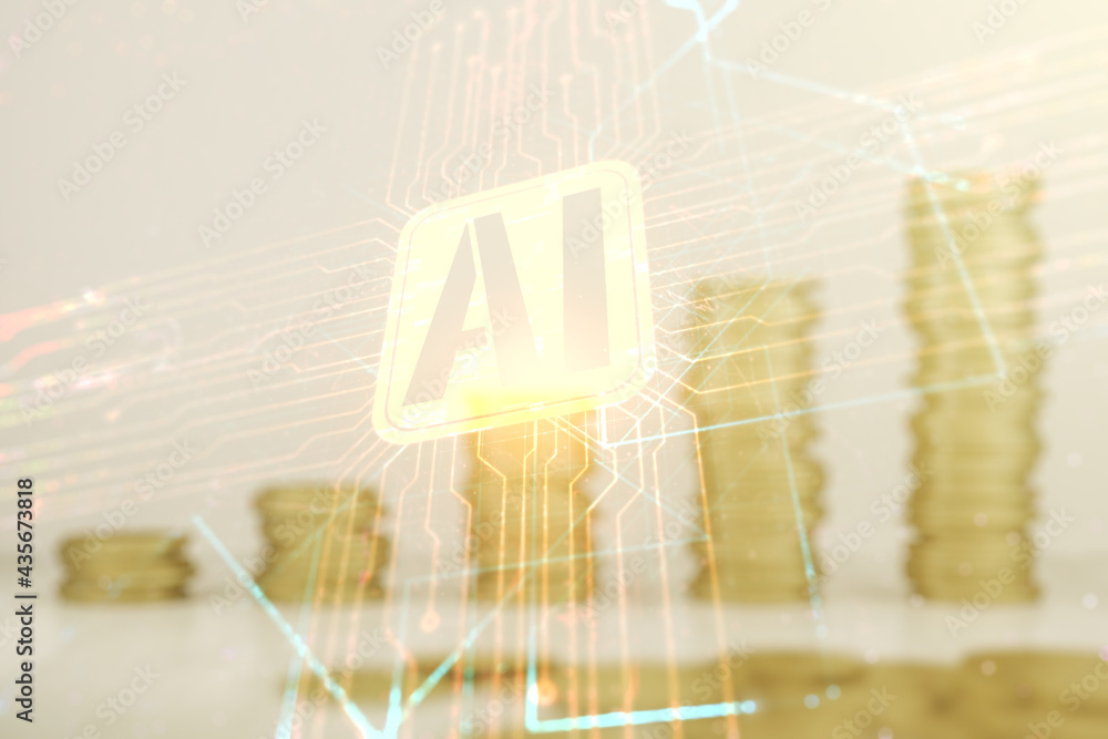 Poster double exposure of creative artificial intelligence icon on growing stacks of coins background. neur