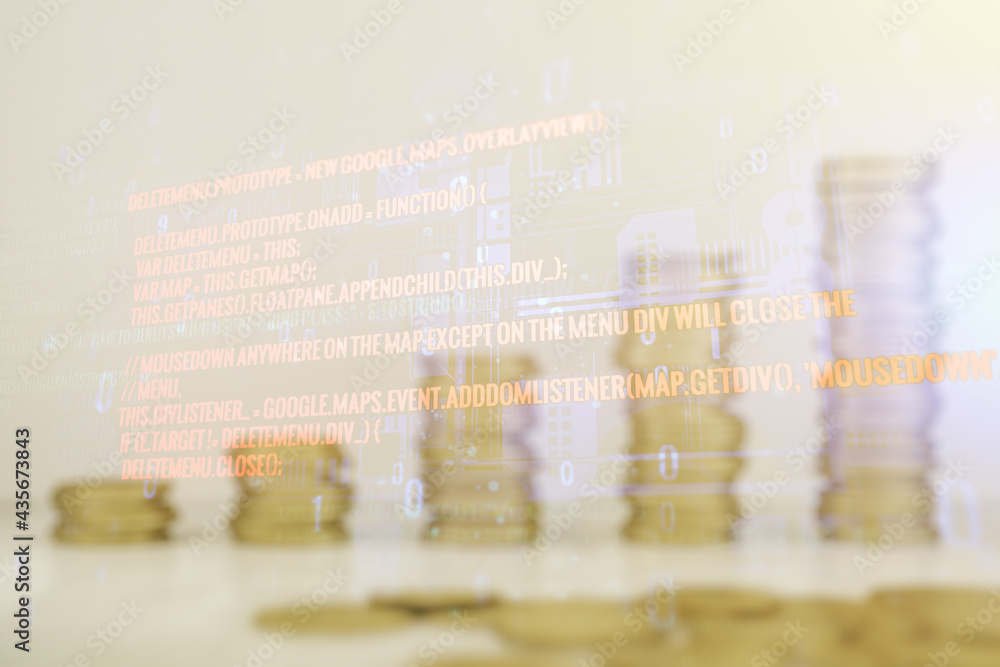 Aufkleber abstract virtual coding illustration on coins background, software development concept. multiexposur