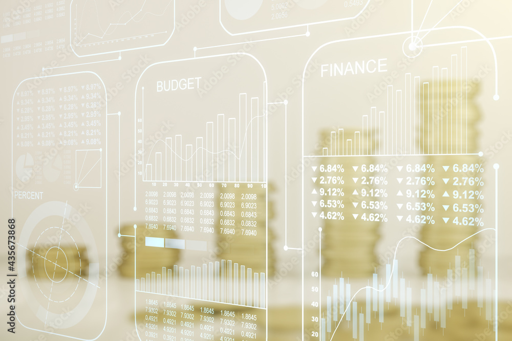 Poster abstract virtual stats data hologram on stacks of coins background. multiexposure