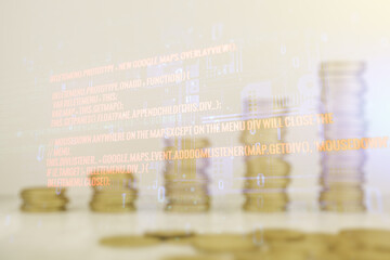 Abstract virtual coding illustration on coins background, software development concept. Multiexposure