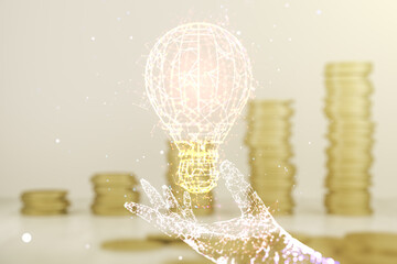 Abstract virtual light bulb illustration on coins background, future technology concept. Multiexposure