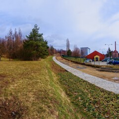 Chomutov, Czech republic - March 15, 2021: sunny spring street during reconstruction